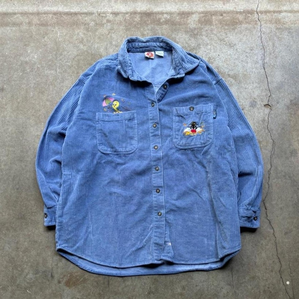 Vintage 90s Looney Tunes blue corduroy button up shirt Mens Size: XL
